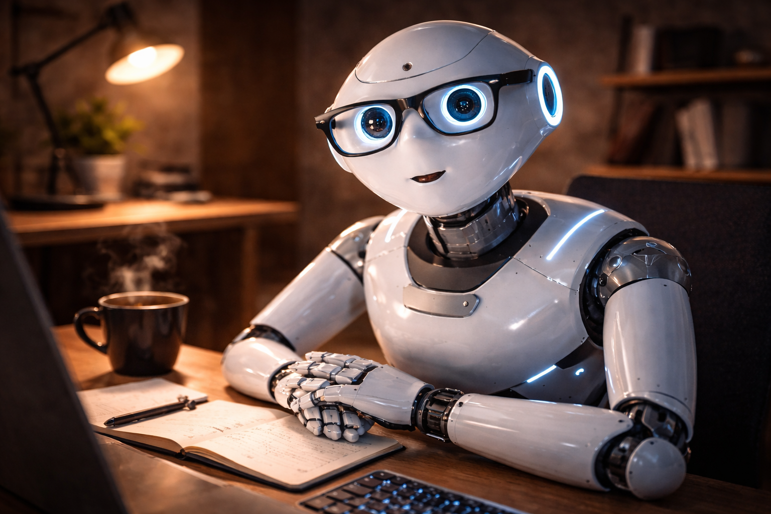 White robot with blue eyes and black glasses, sitting at desk