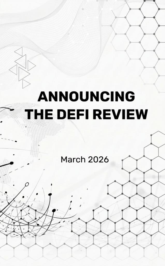 Bold centered black text reading "Announcing The DeFi Review", above "March 2026". In background is a honeycomb of decentralized networks.